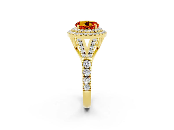 Yellow gold Double Halo Round Cut Citrine Split Shank Engagement Ring with Four-Prong Setting