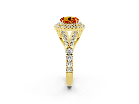 Yellow gold Double Halo Round Cut Citrine Split Shank Engagement Ring with Four-Prong Setting_2