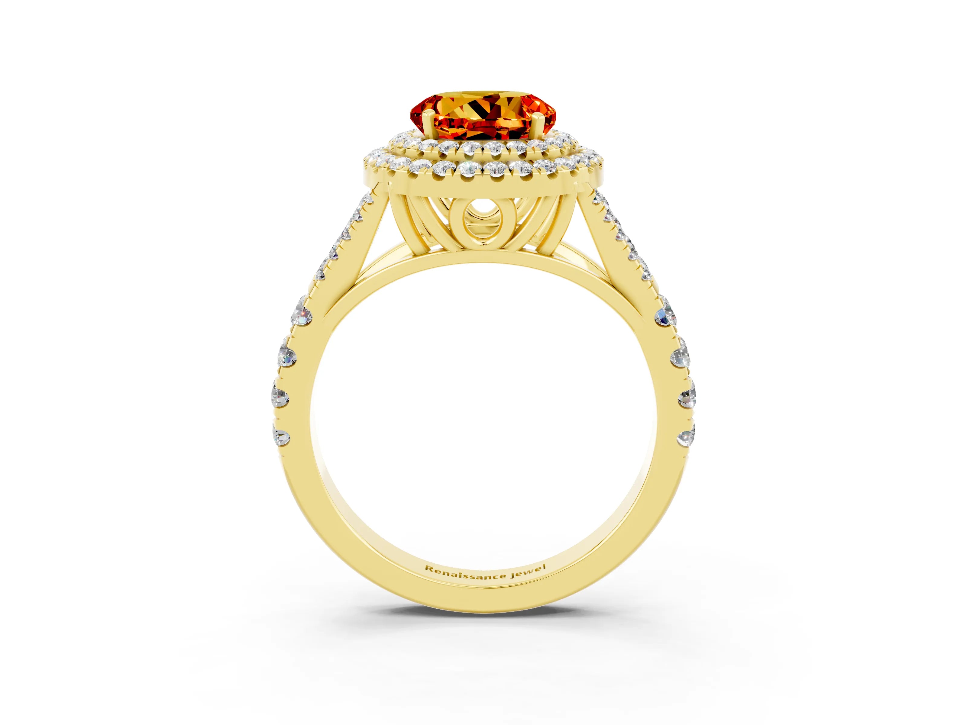 Yellow gold Double Halo Round Cut Citrine Split Shank Engagement Ring with Four-Prong Setting_3