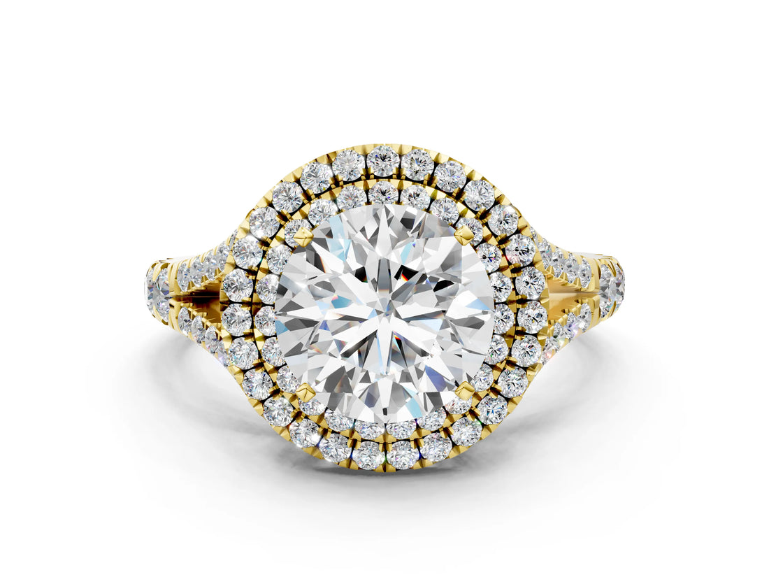 Yellow gold Double Halo Round Cut Diamond Split Shank Engagement Ring with Four-Prong Setting_7