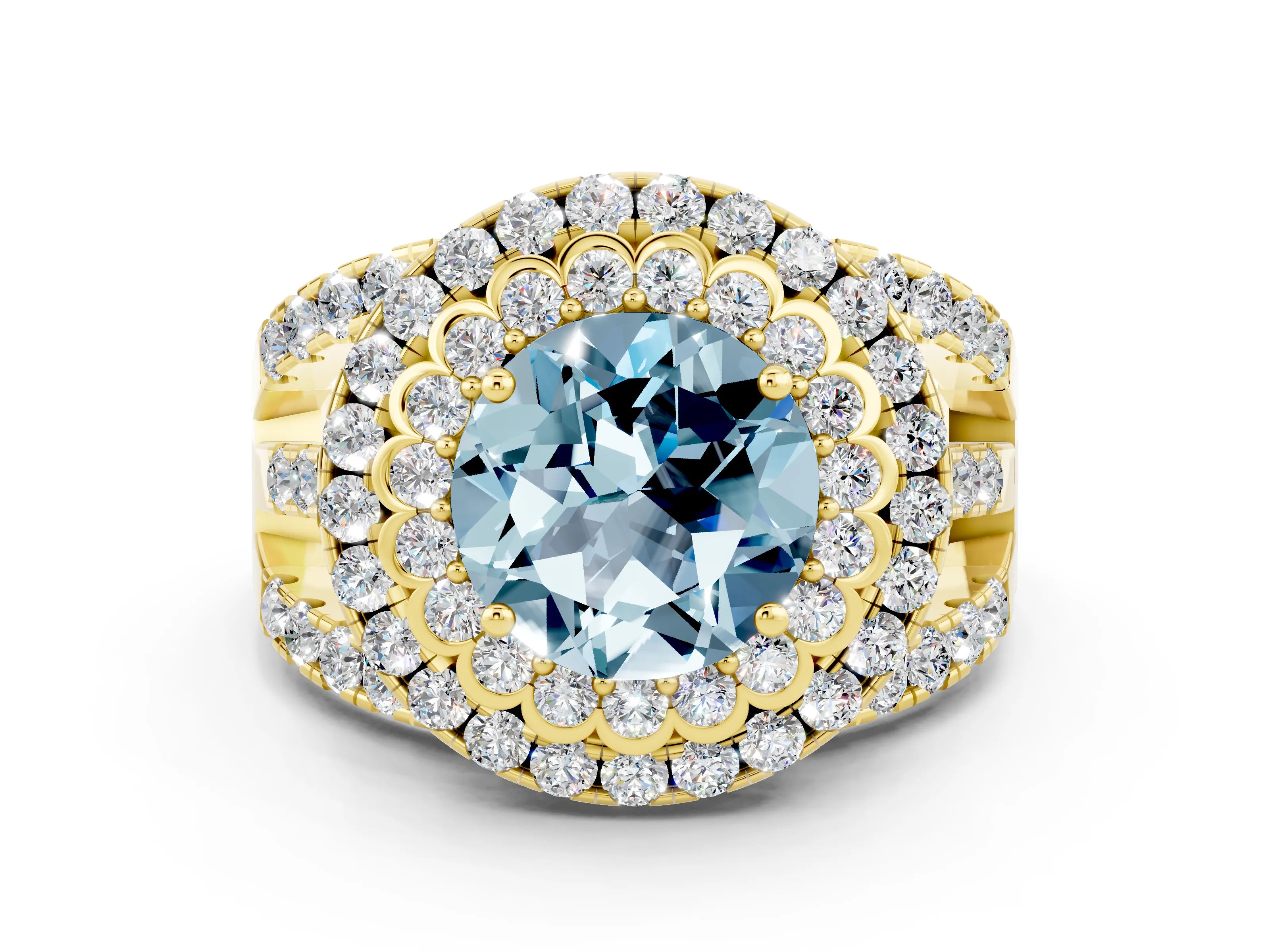 Yellow gold Double Halo Round Cut Diamond Split Shank Pave Set Ring