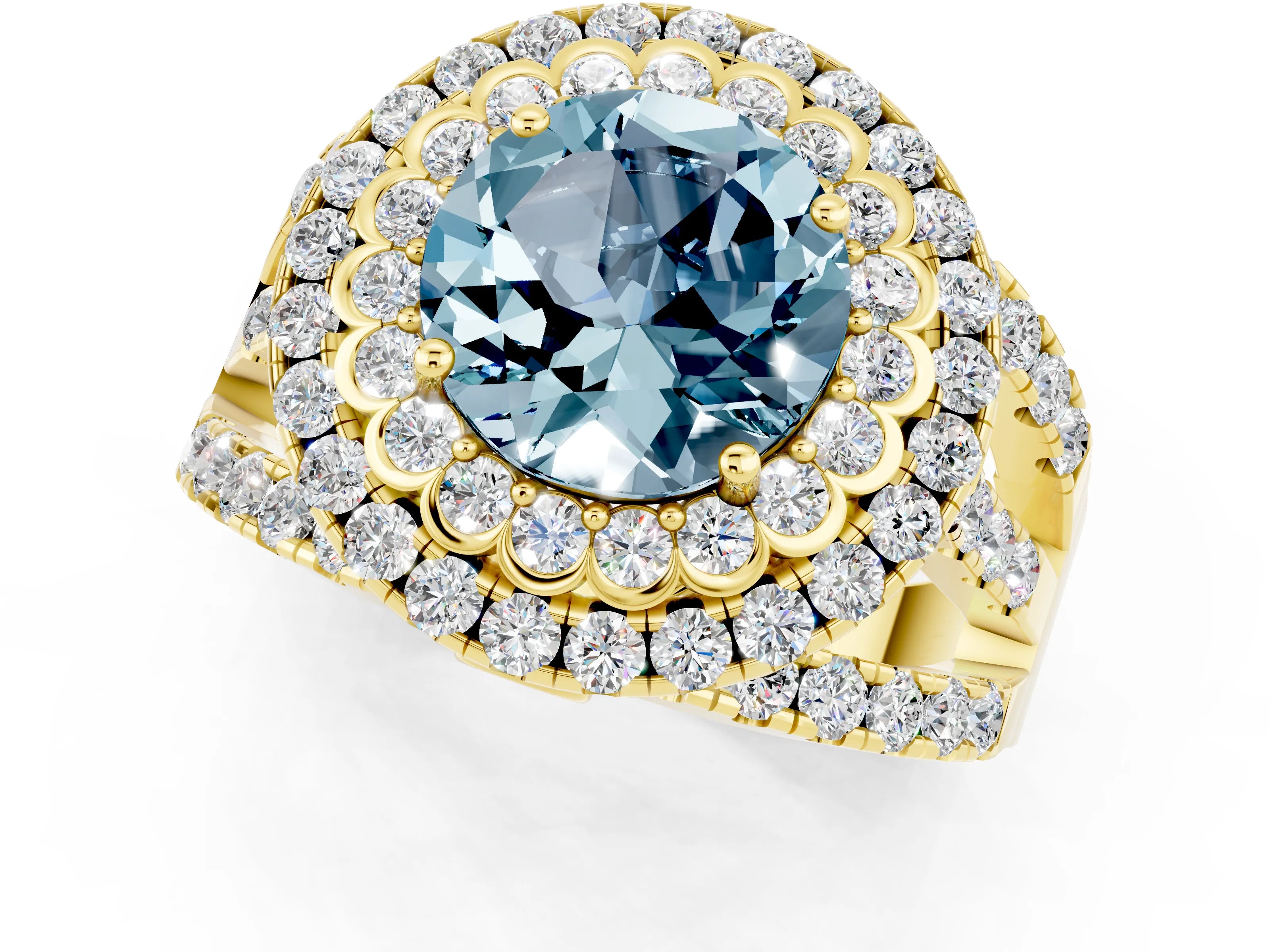 Yellow gold Double Halo Round Cut Diamond Split Shank Pave Set Ring_1