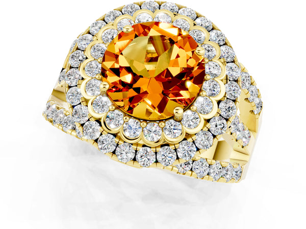 Yellow gold Round Cut Citrine Double Halo Ring with Round Pavé Split Shank and Prong Setting