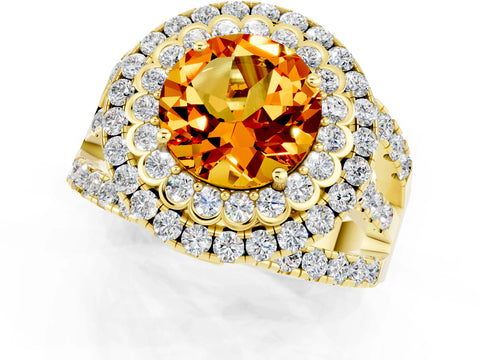 Yellow gold Double Halo Round Cut Diamond Split Shank Pave Set Ring_1