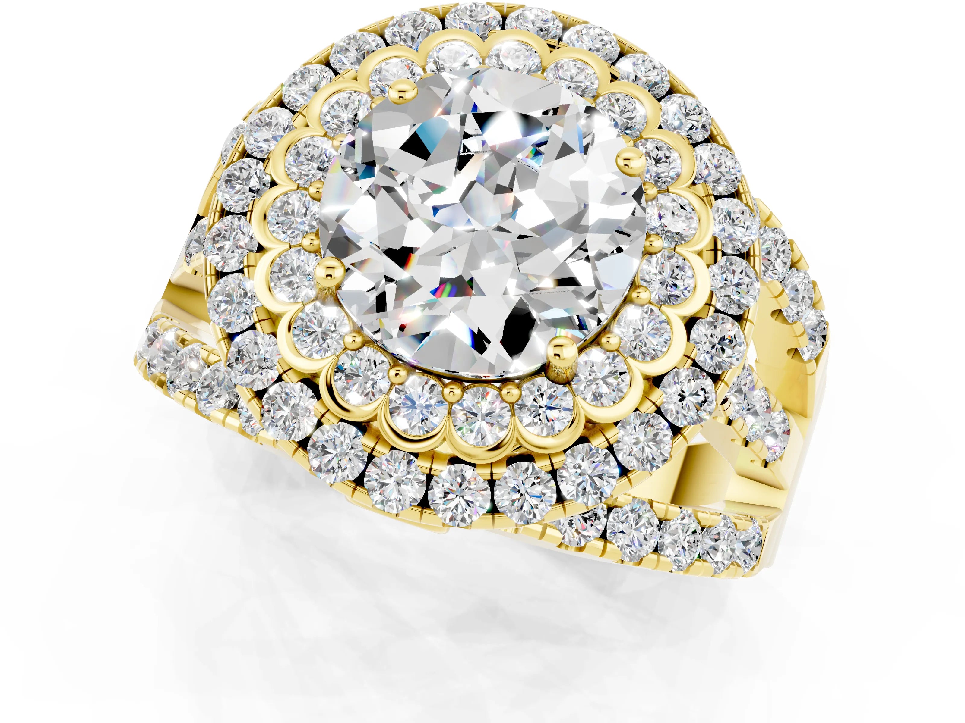 Yellow gold Double Halo Round Cut Diamond Split Shank Pave Set Ring_1