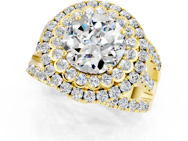 Yellow gold Round Cut Moissanite Double Halo Ring with Round Pavé Split Shank and Prong Setting