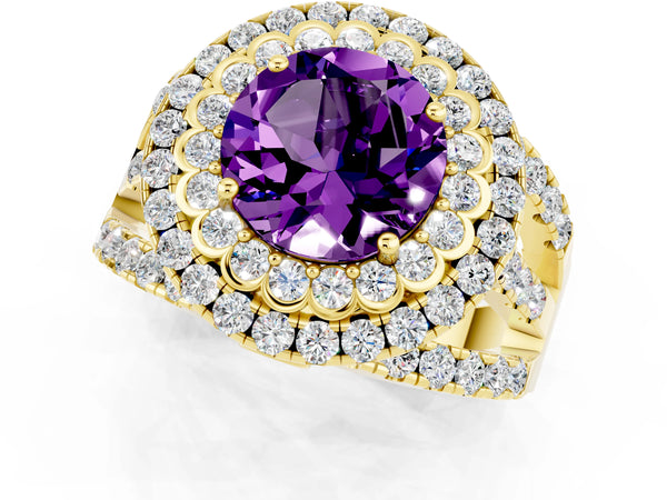 Yellow gold Round Cut Amethyst Double Halo Ring with Round Pavé Split Shank and Prong Setting