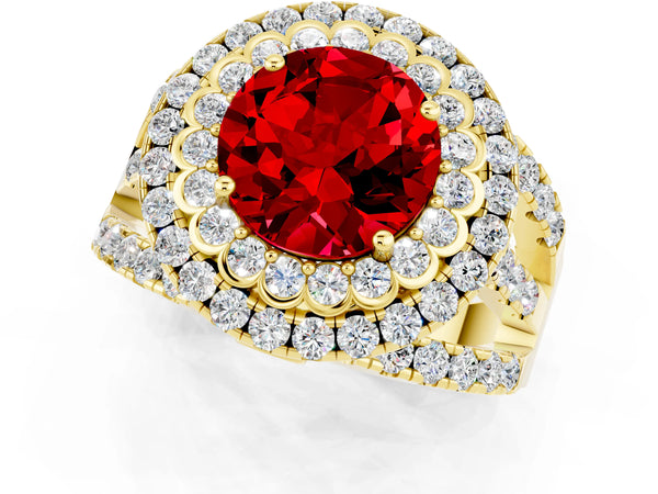 Yellow gold Double Halo Round Cut Diamond Split Shank Pave Set Ring