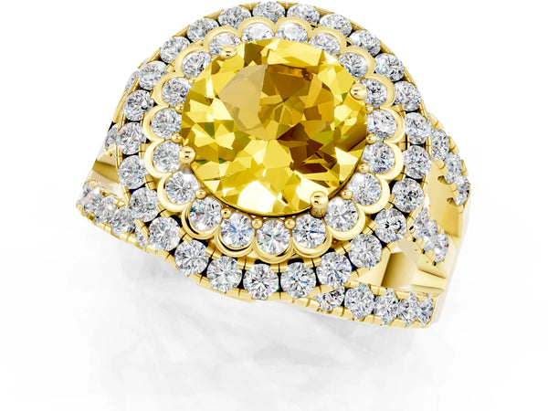 Yellow gold Round Cut Yellow Sapphire Double Halo Ring with Round Pavé Split Shank and Prong Setting