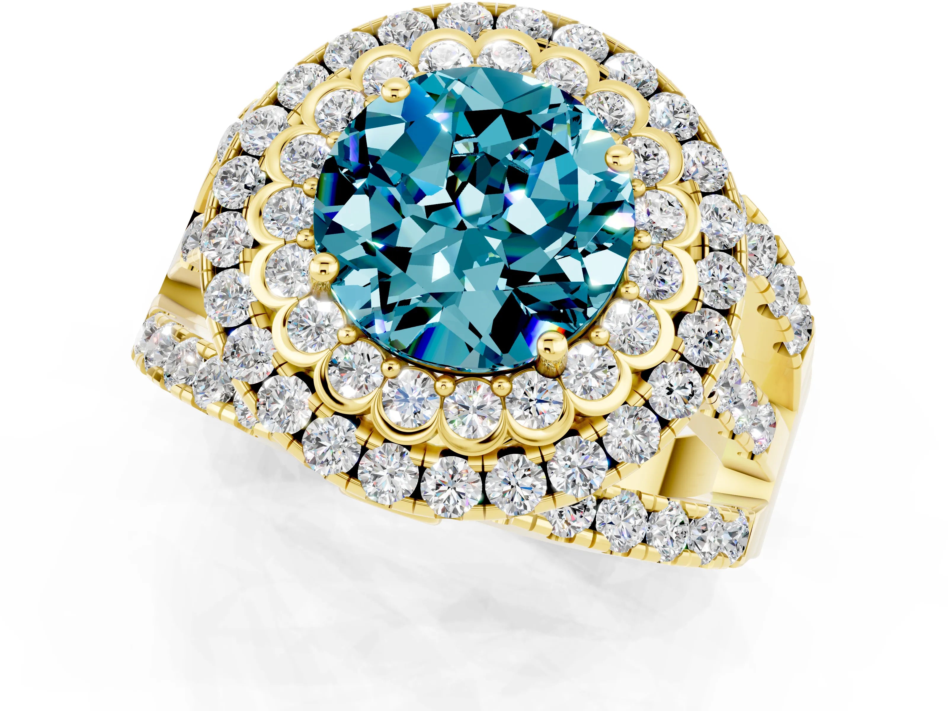 Yellow gold Double Halo Round Cut Diamond Split Shank Pave Set Ring_1