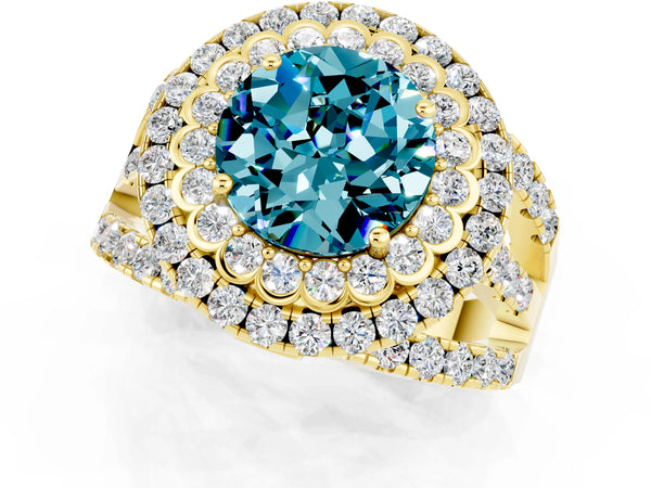 Yellow gold Double Halo Round Cut Diamond Split Shank Pave Set Ring