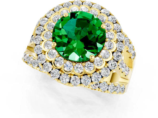 Yellow gold Round Cut Emerald Double Halo Ring with Round Pavé Split Shank and Prong Setting