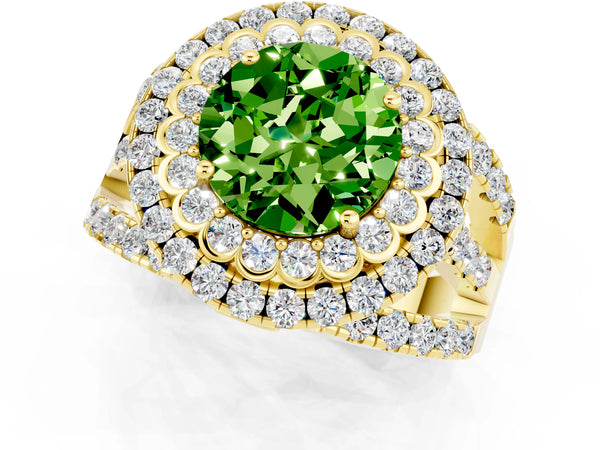 Yellow gold Double Halo Round Cut Diamond Split Shank Pave Set Ring
