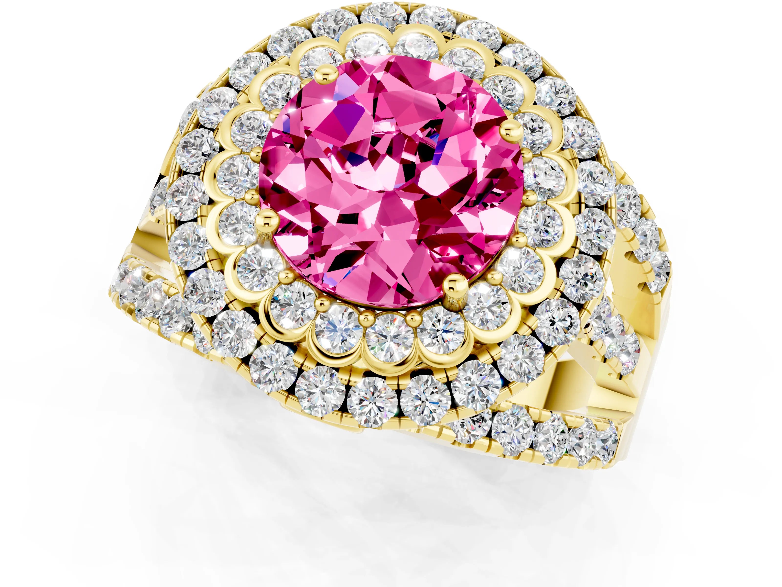 Yellow gold Double Halo Round Cut Diamond Split Shank Pave Set Ring_1