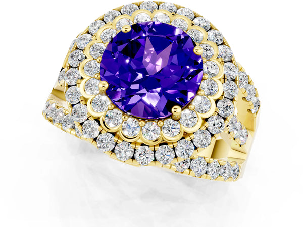 Yellow gold Round Cut Tanzanite Double Halo Ring with Round Pavé Split Shank and Prong Setting