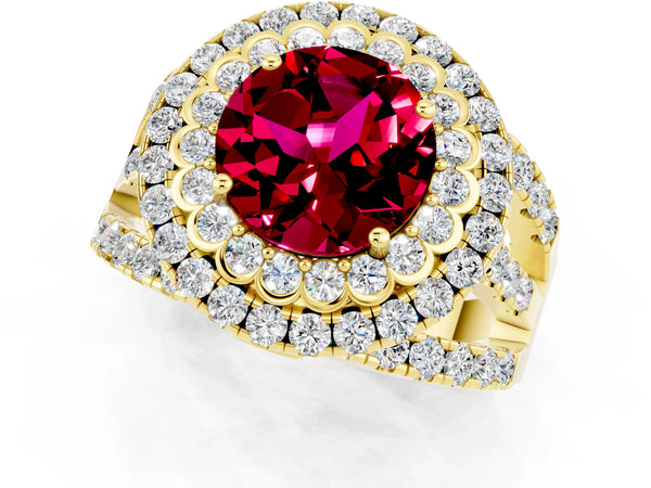 Yellow gold Round Cut Garnet Double Halo Ring with Round Pavé Split Shank and Prong Setting