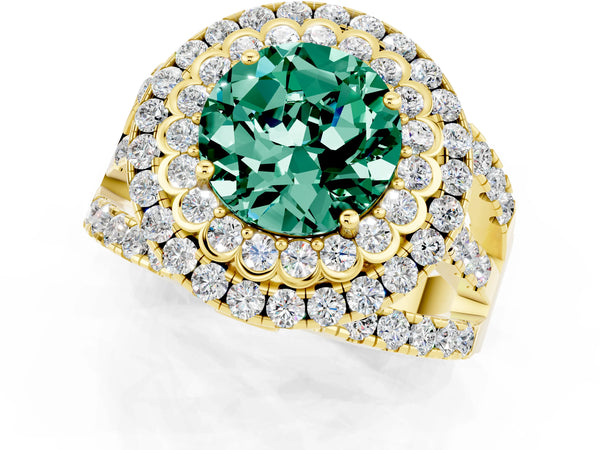 Yellow gold Round Cut Green Sapphire Double Halo Ring with Round Pavé Split Shank and Prong Setting