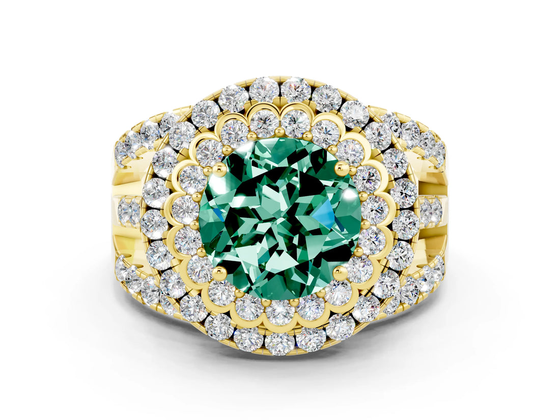 Yellow gold Double Halo Round Cut Diamond Split Shank Pave Set Ring