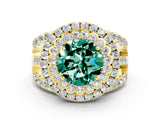 Yellow gold Double Halo Round Cut Diamond Split Shank Pave Set Ring