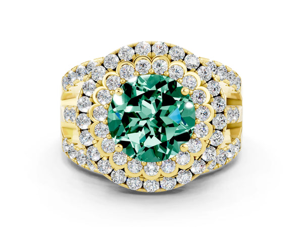 Yellow gold Round Cut Green Sapphire Double Halo Ring with Round Pavé Split Shank and Prong Setting