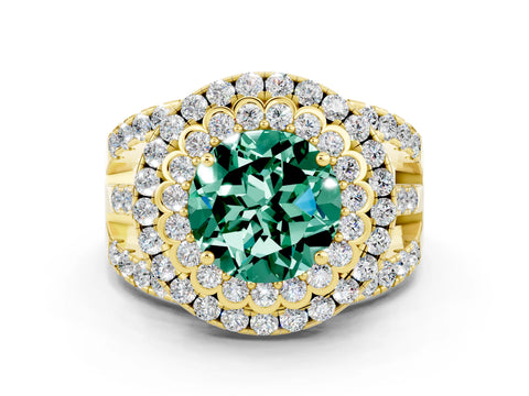 Yellow gold Double Halo Round Cut Diamond Split Shank Pave Set Ring
