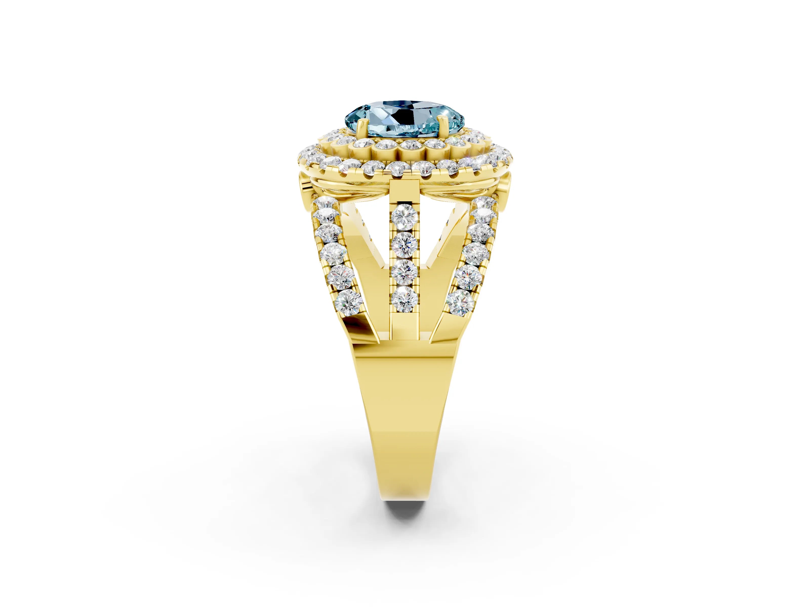 Yellow gold Double Halo Round Cut Diamond Split Shank Pave Set Ring_2
