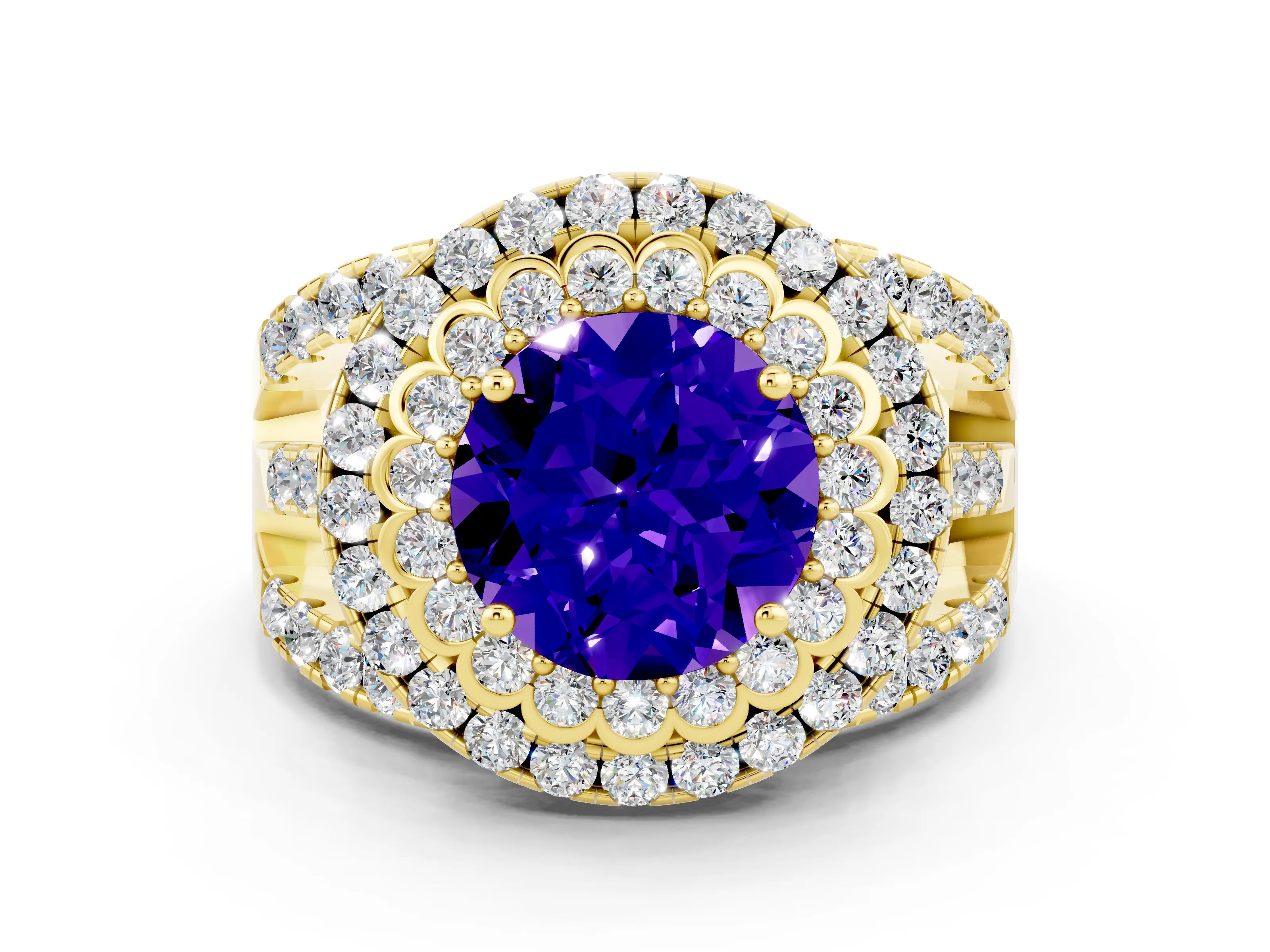 Yellow gold Double Halo Round Cut Diamond Split Shank Pave Set Ring