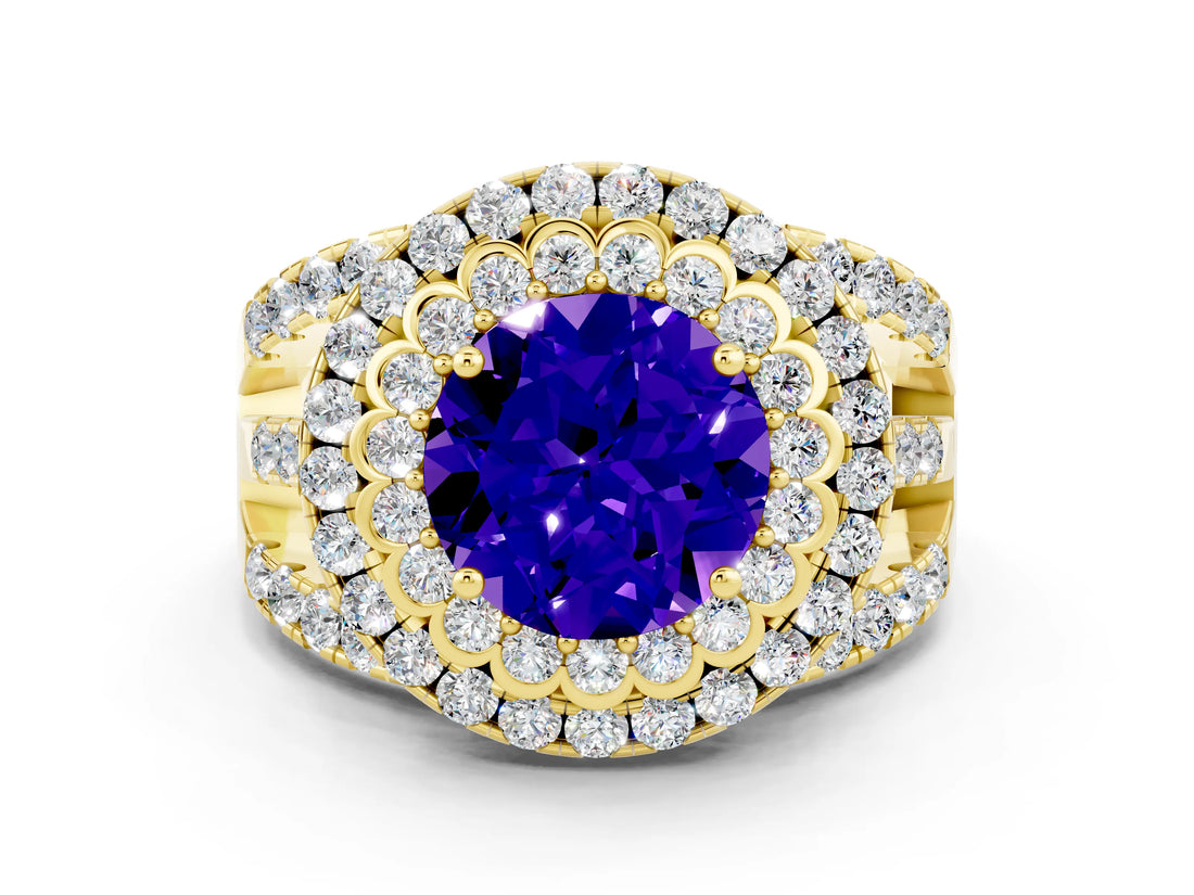 Yellow gold Double Halo Round Cut Diamond Split Shank Pave Set Ring