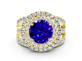 Yellow gold Double Halo Round Cut Diamond Split Shank Pave Set Ring