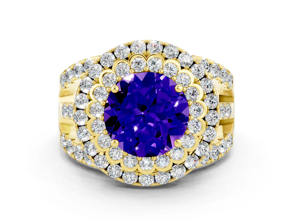 Yellow gold Round Cut Tanzanite Double Halo Ring with Round Pavé Split Shank and Prong Setting