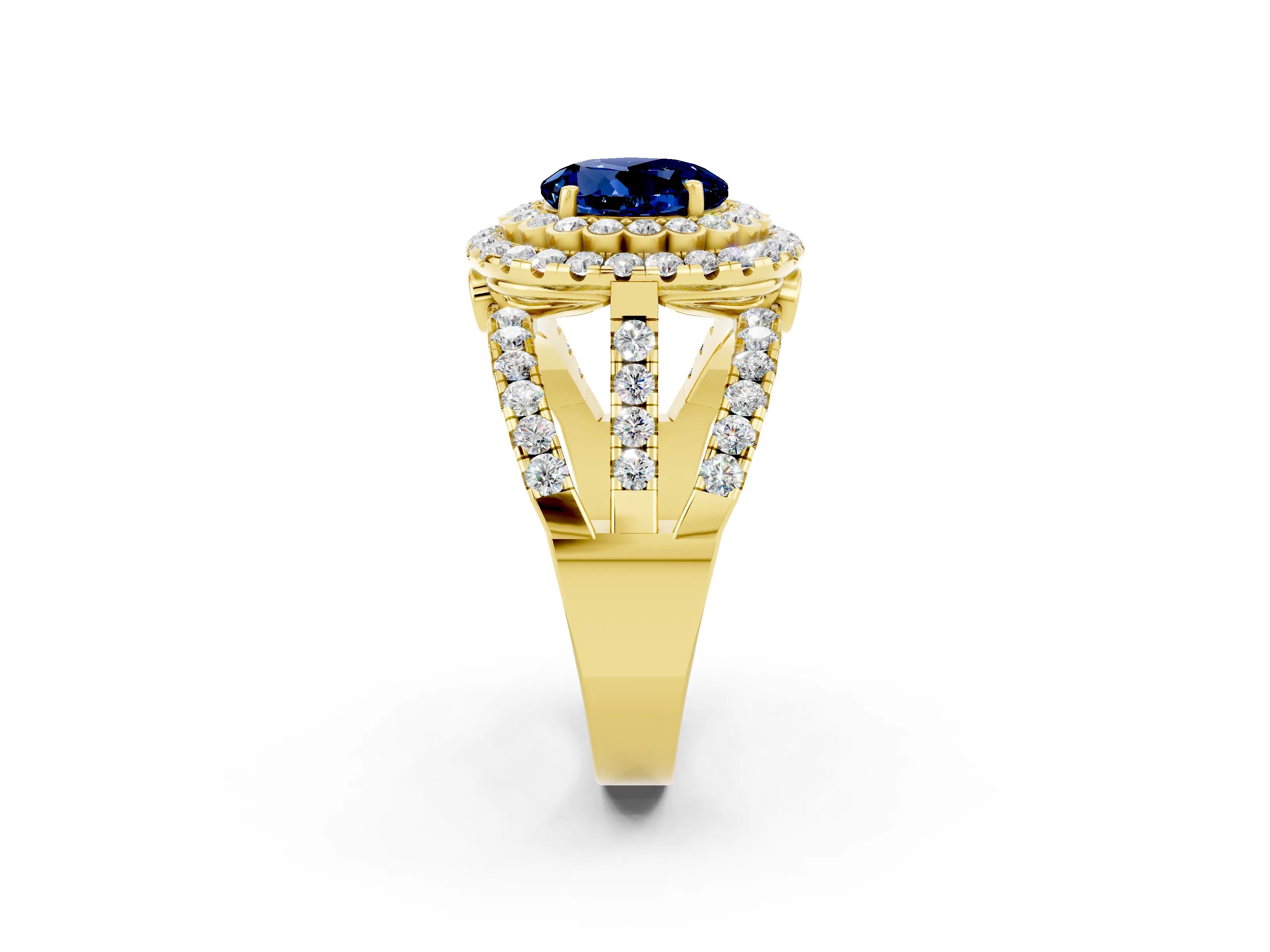 Yellow gold Double Halo Round Cut Diamond Split Shank Pave Set Ring_2