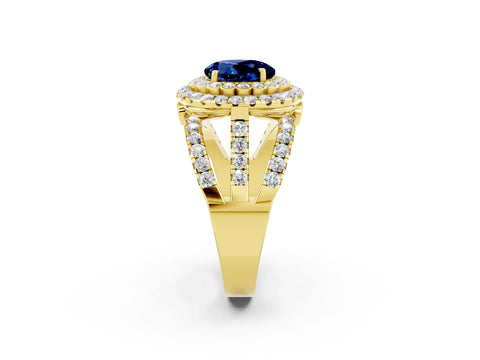 Yellow gold Double Halo Round Cut Diamond Split Shank Pave Set Ring_2