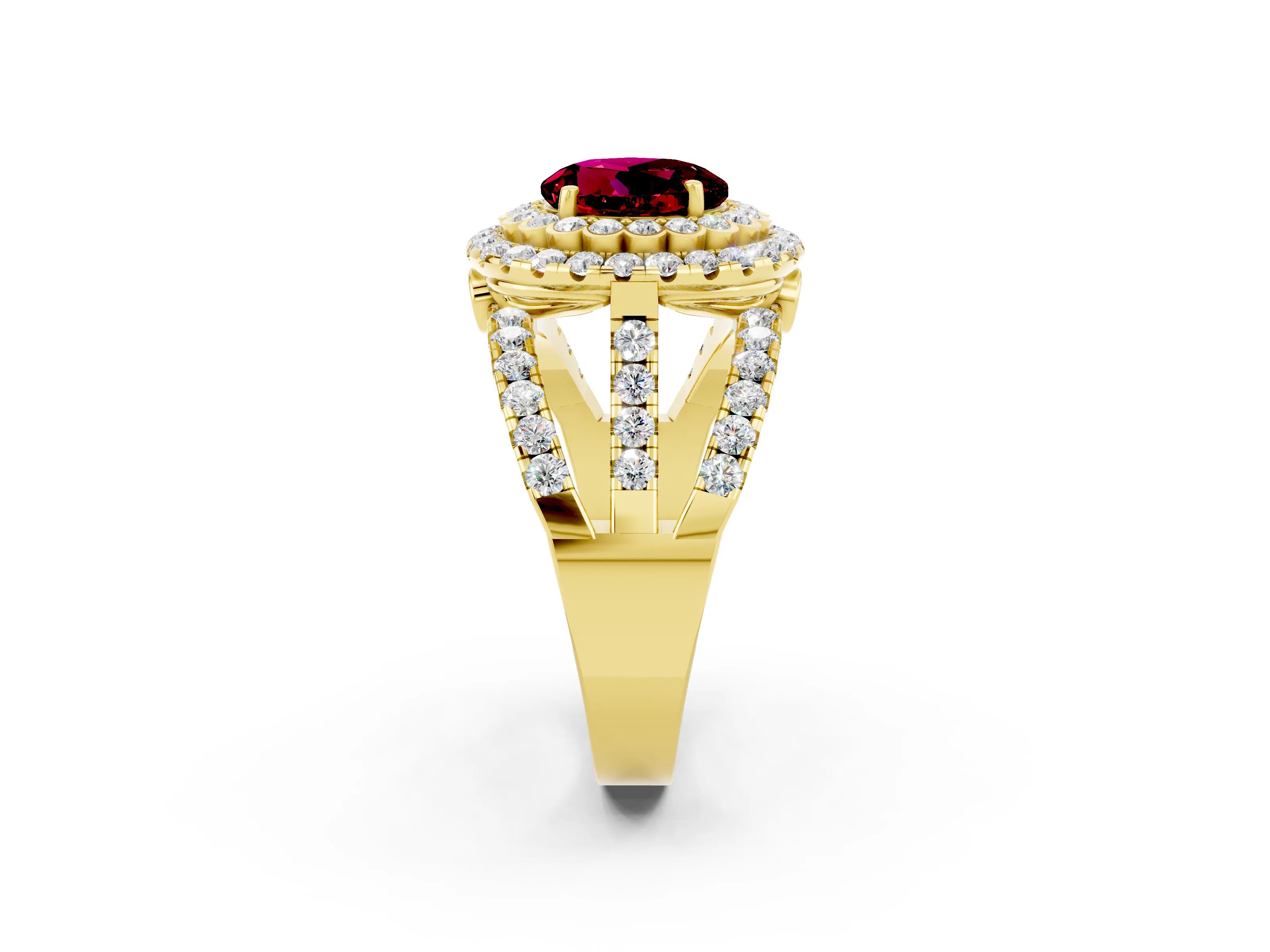 Yellow gold Double Halo Round Cut Diamond Split Shank Pave Set Ring_2