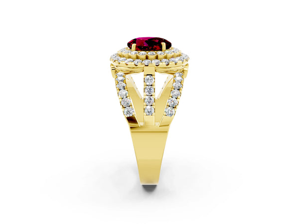 Yellow gold Round Cut Garnet Double Halo Ring with Round Pavé Split Shank and Prong Setting