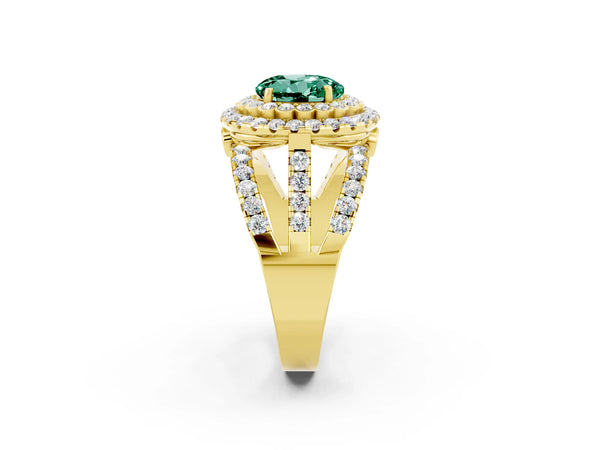 Yellow gold Round Cut Green Sapphire Double Halo Ring with Round Pavé Split Shank and Prong Setting
