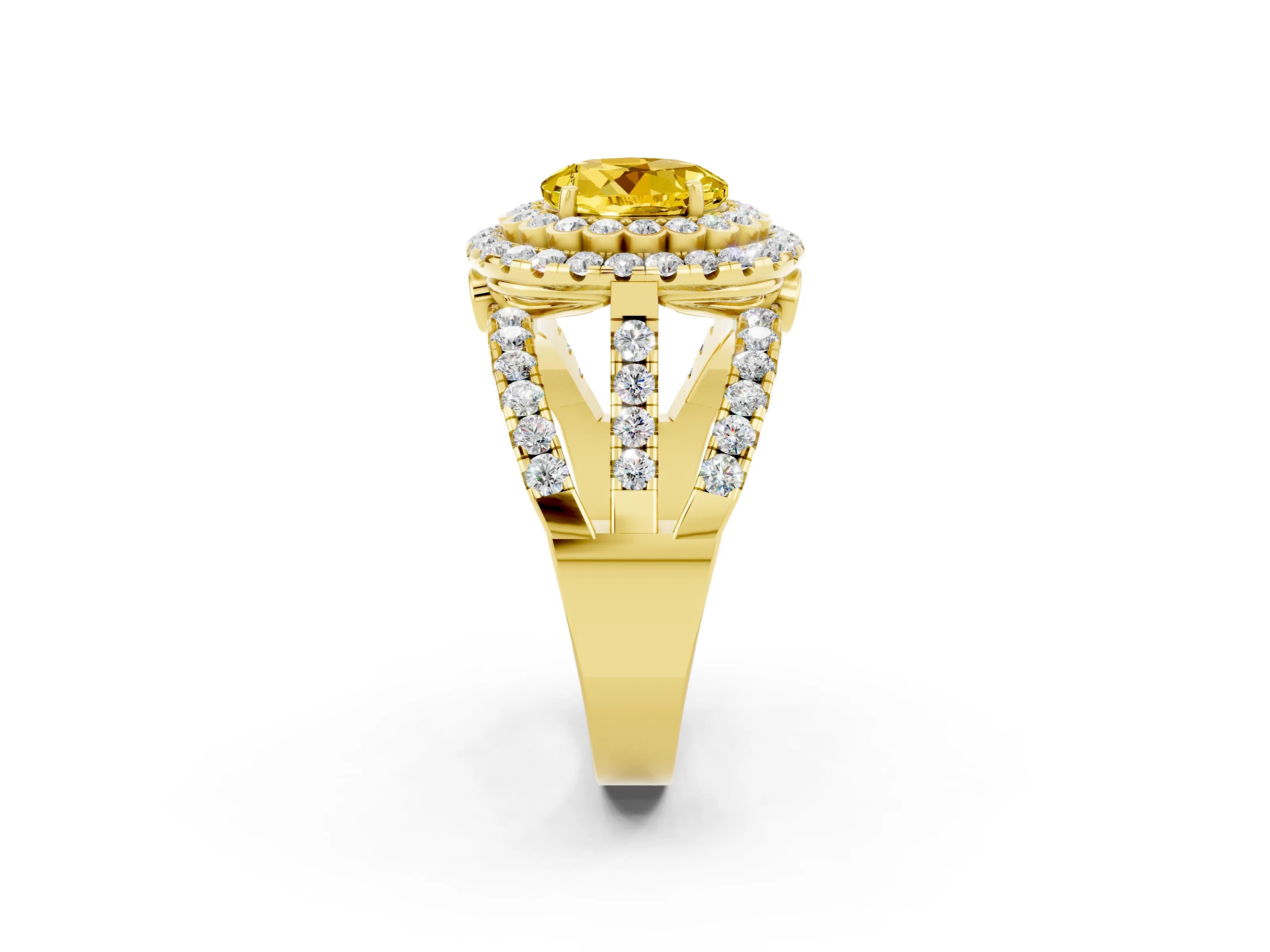 Yellow gold Double Halo Round Cut Diamond Split Shank Pave Set Ring_2