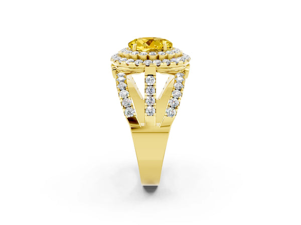 Yellow gold Round Cut Yellow Sapphire Double Halo Ring with Round Pavé Split Shank and Prong Setting