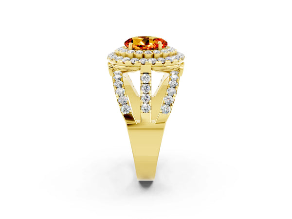 Yellow gold Round Cut Citrine Double Halo Ring with Round Pavé Split Shank and Prong Setting
