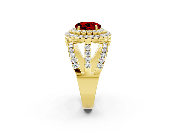 Yellow gold Double Halo Round Cut Diamond Split Shank Pave Set Ring