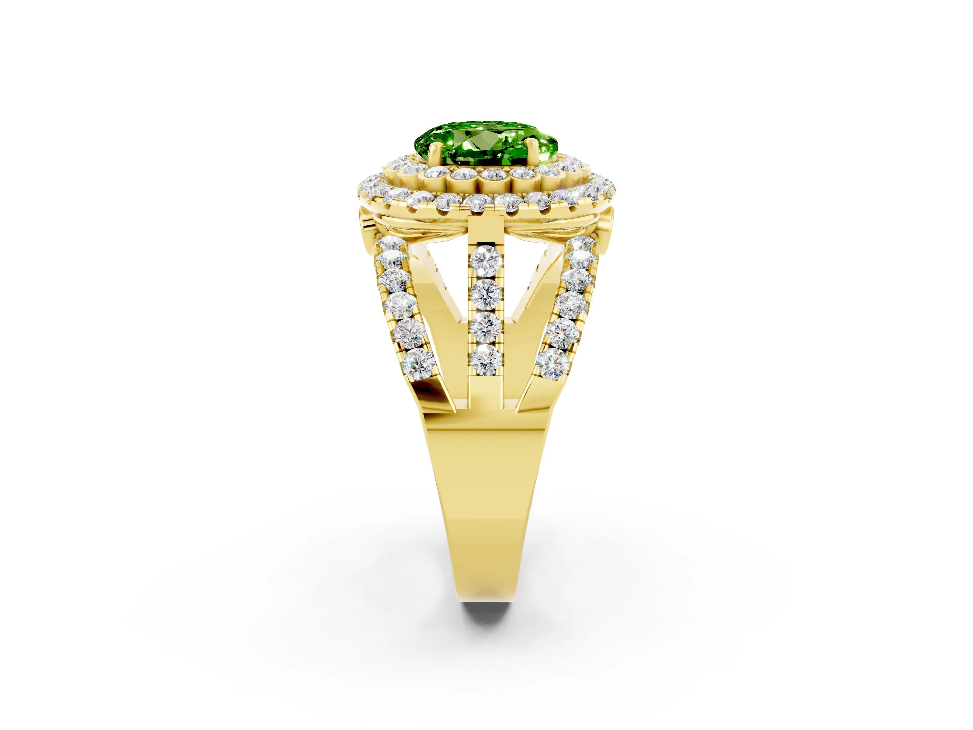 Yellow gold Double Halo Round Cut Diamond Split Shank Pave Set Ring_2