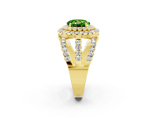 Yellow gold Double Halo Round Cut Diamond Split Shank Pave Set Ring
