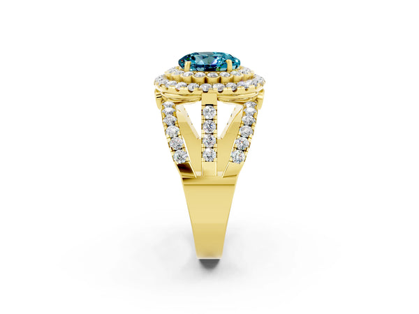 Yellow gold Double Halo Round Cut Diamond Split Shank Pave Set Ring