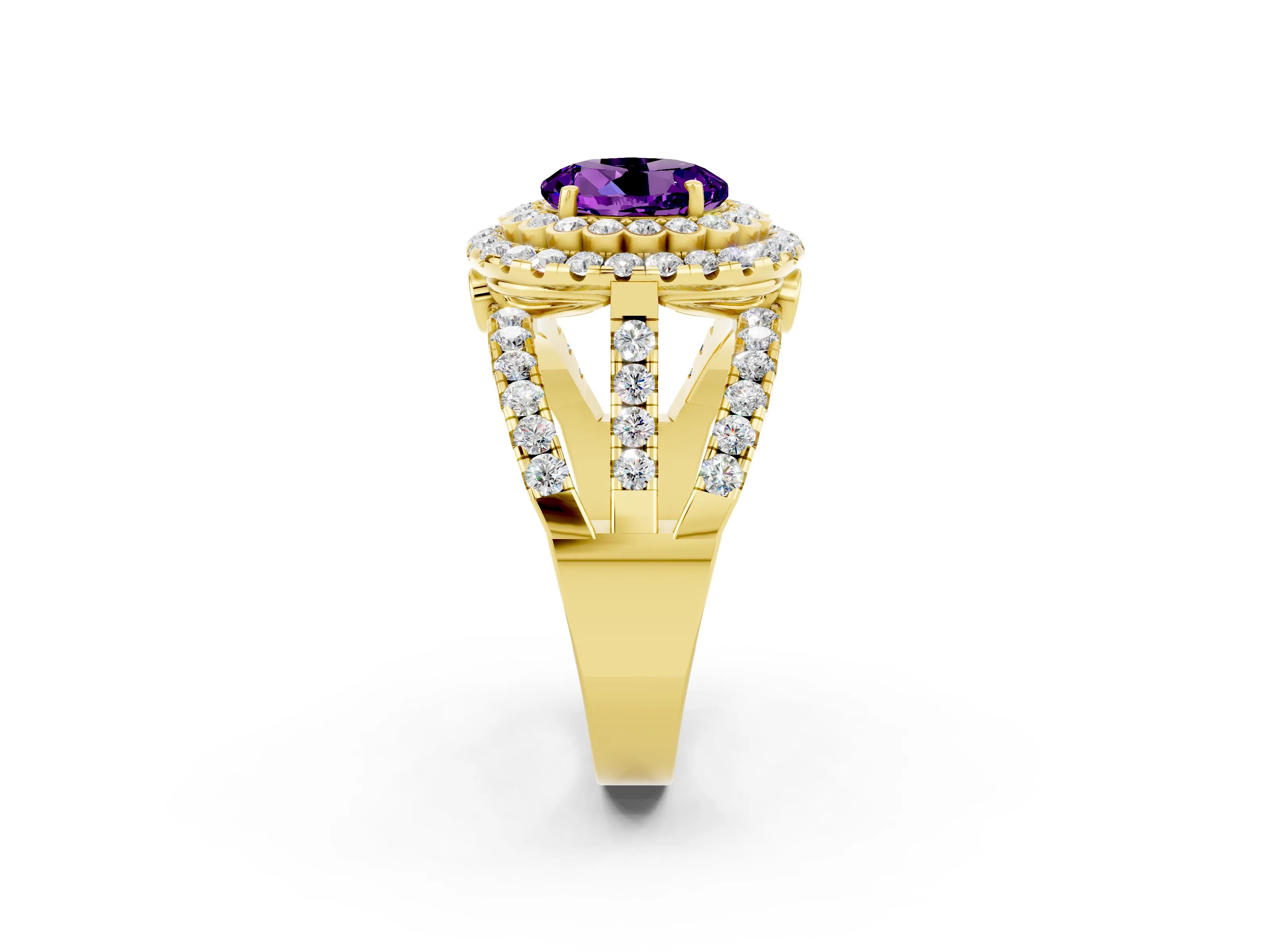 Yellow gold Double Halo Round Cut Diamond Split Shank Pave Set Ring_2