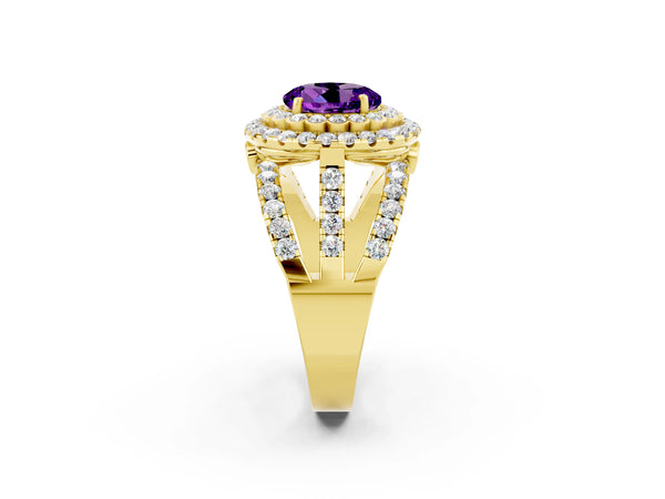 Yellow gold Round Cut Amethyst Double Halo Ring with Round Pavé Split Shank and Prong Setting