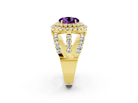 Yellow gold Double Halo Round Cut Diamond Split Shank Pave Set Ring_2