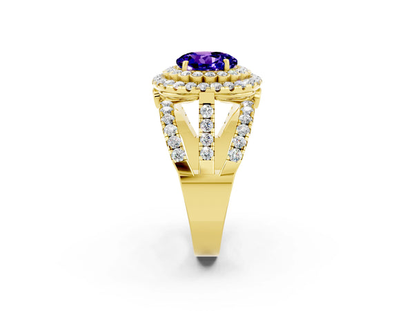 Yellow gold Round Cut Tanzanite Double Halo Ring with Round Pavé Split Shank and Prong Setting