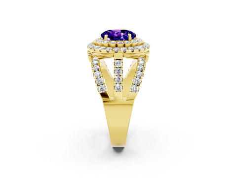Yellow gold Double Halo Round Cut Diamond Split Shank Pave Set Ring_2