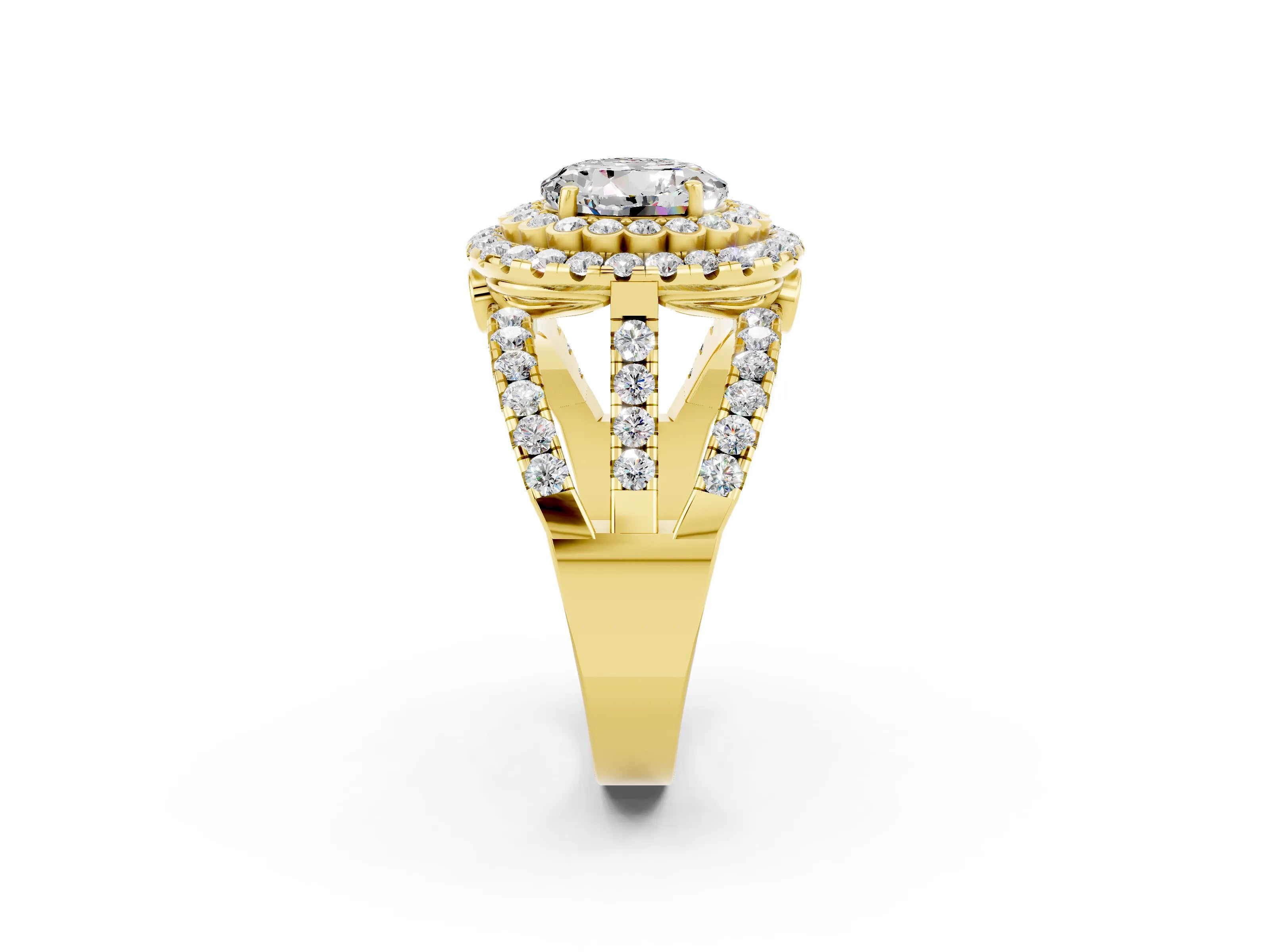 Yellow gold Double Halo Round Cut Diamond Split Shank Pave Set Ring_2
