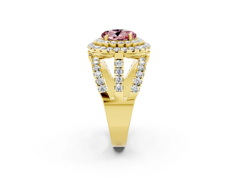 Yellow gold Double Halo Round Cut Diamond Split Shank Pave Set Ring_2
