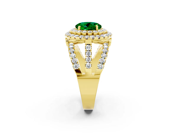 Yellow gold Round Cut Emerald Double Halo Ring with Round Pavé Split Shank and Prong Setting
